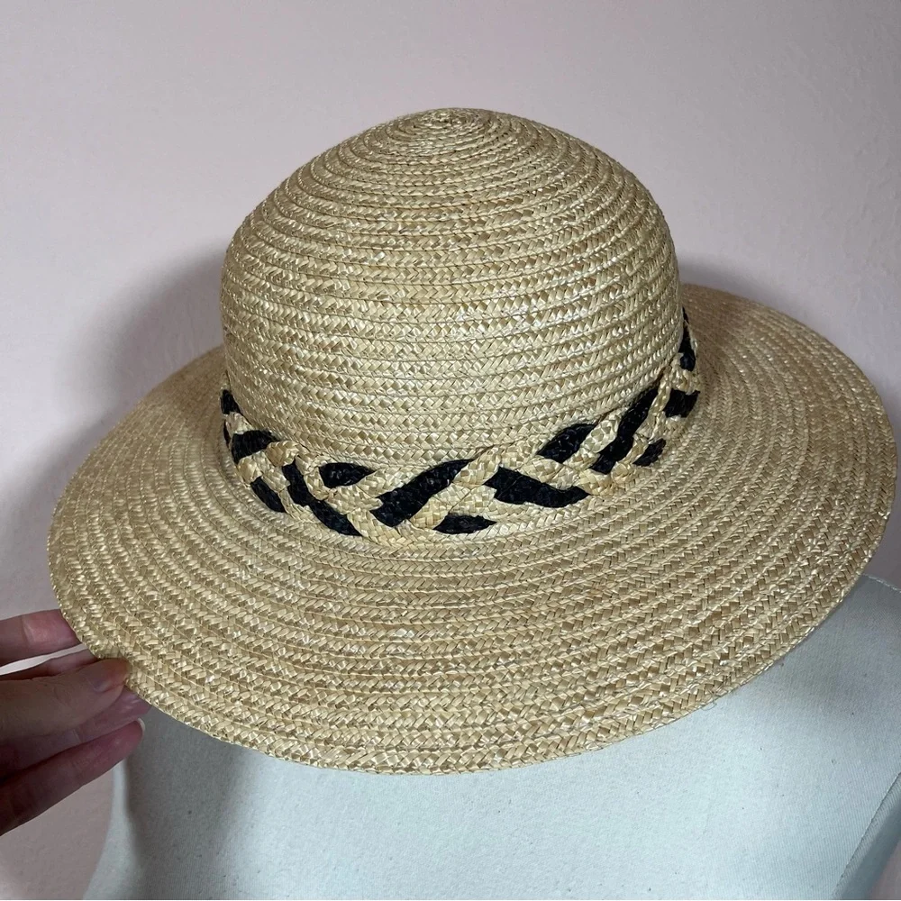 Vintage 90 Y2K Natural Straw Flat Wide brim Sunhat Coastal Grandma - Picture 14 of 14
